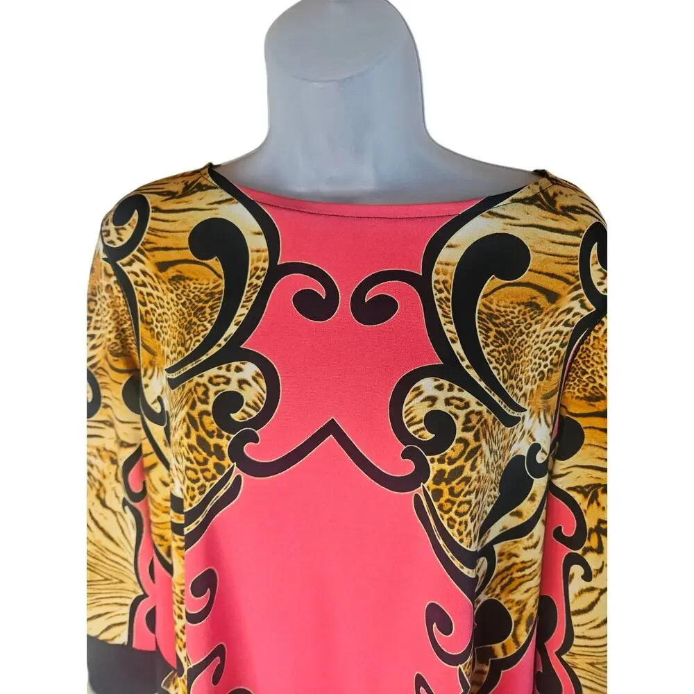 Eva Varro Trapeze Tunic Pink Black Animal Print Stretchy 3/4 Sleeves Sz M - Picture 3 of 6